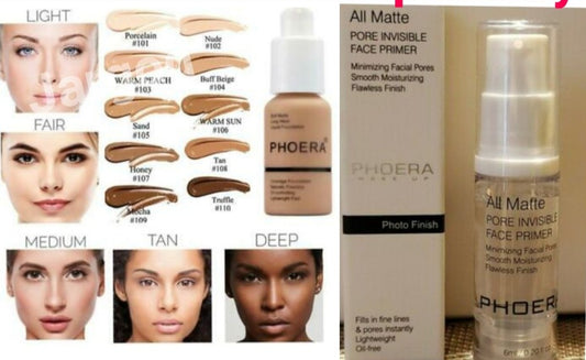 Phoera Foundation Makeup Full Coverage Foundation 30ml + Phoera Primer 6ml Bottle