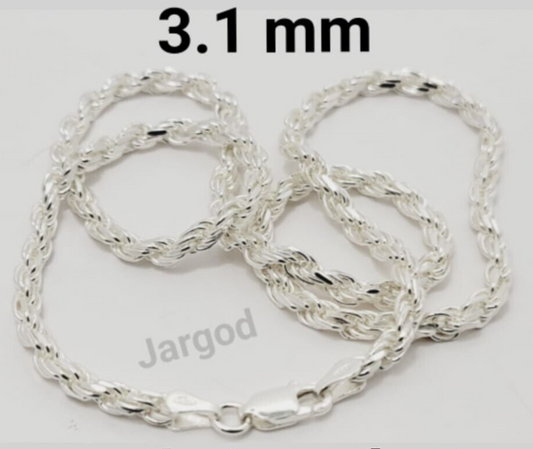 Jargod 3.1mm Solid 925 Sterling Silver Rope Chain Diamond-Cut Braided Chain Necklace