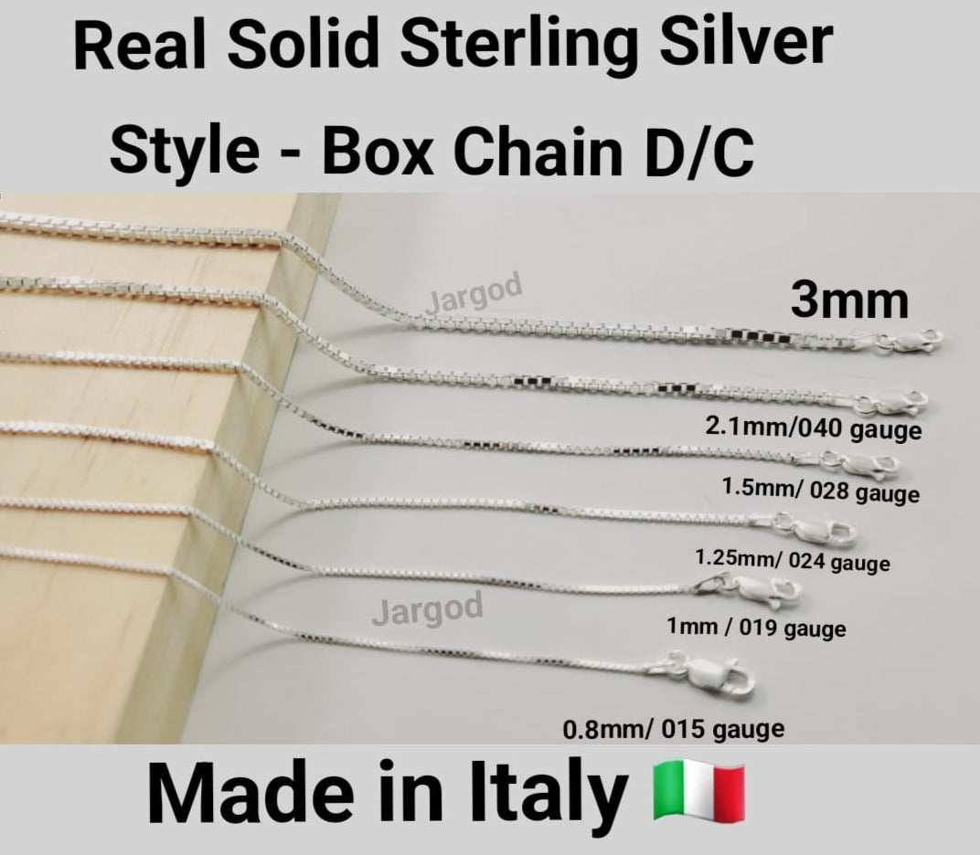 925 Sterling Silver Box Chain Diamond Cut Chain Necklace 24 Gauge/1.25mm Italy Jargod