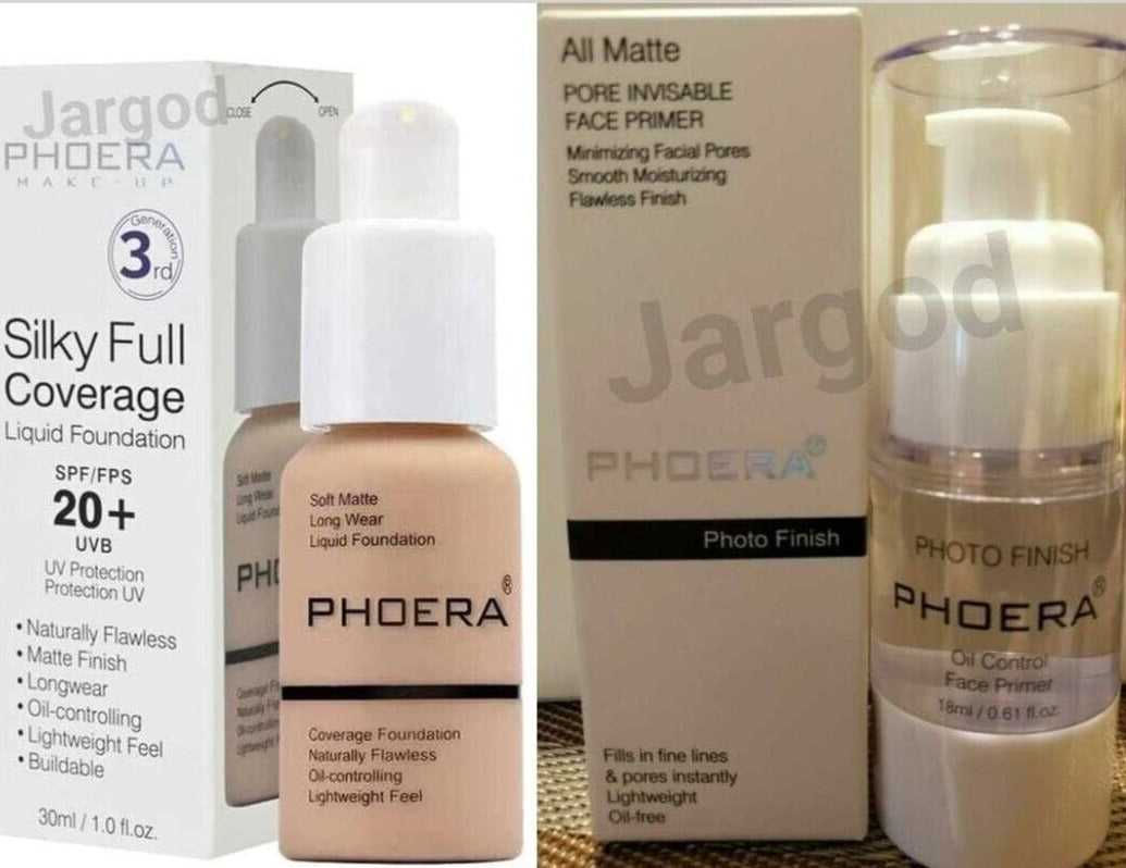 Phoera Foundation Makeup Full Coverage Foundation 30ml + Phoera Primer 18ml Bottle Full Size Combo