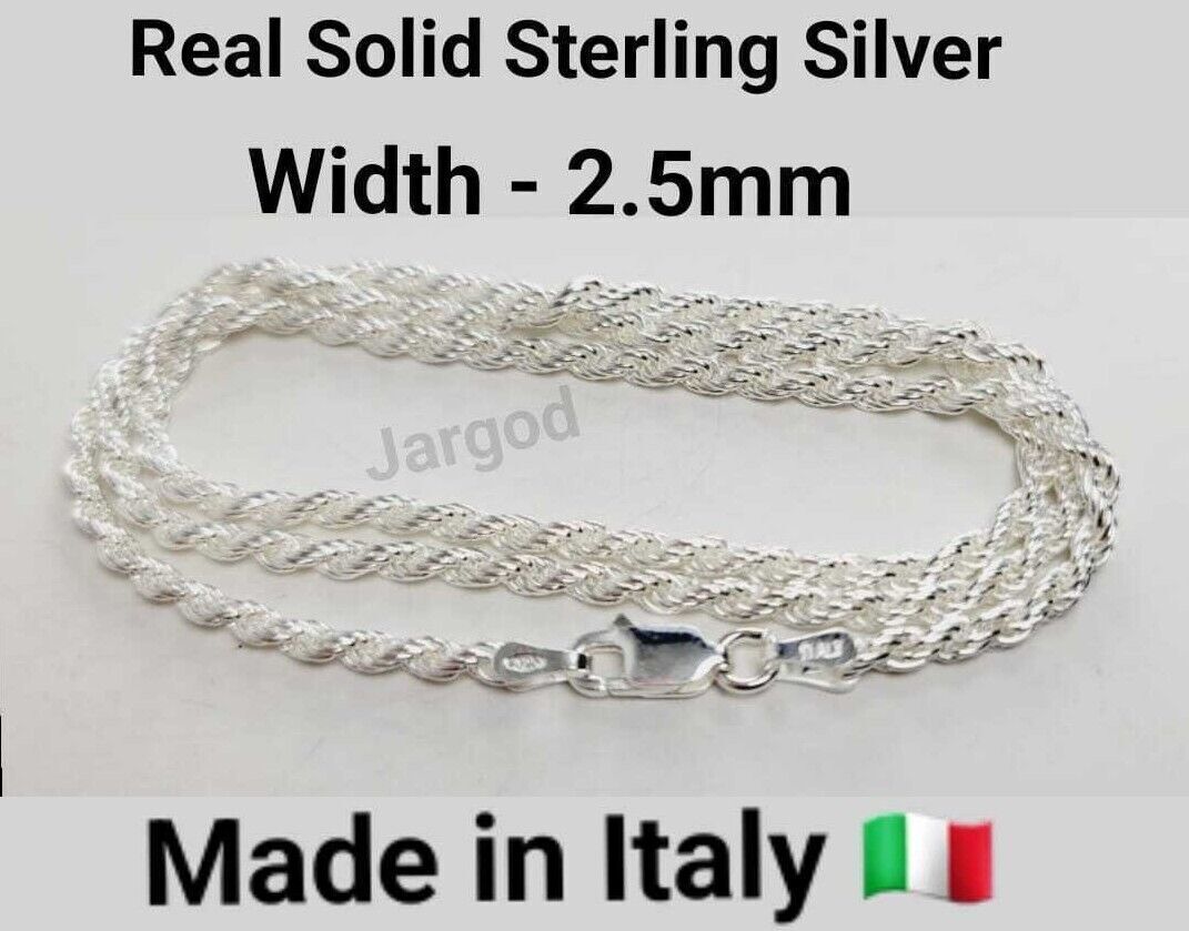 Real Solid 925 Sterling Silver Rope Chain Necklace 2.5 mm Italy Jargod