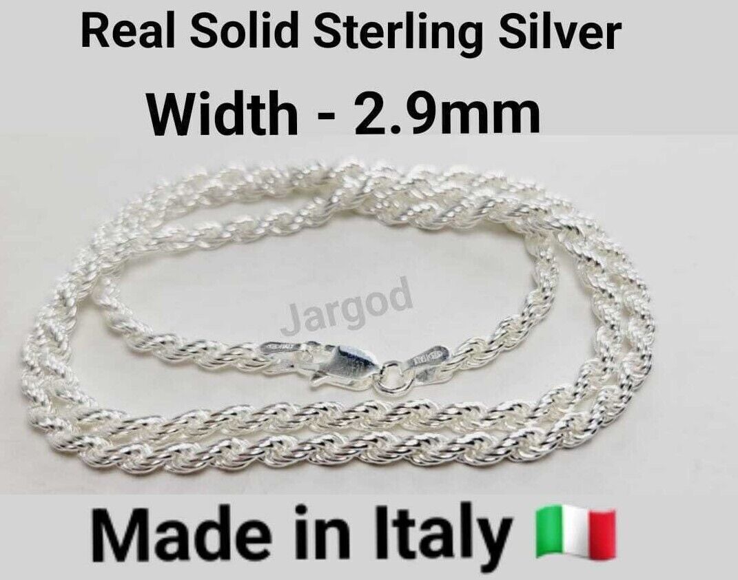 Real Solid 925 Sterling Silver Rope Chain Necklace 2.9 mm Italy Jargod
