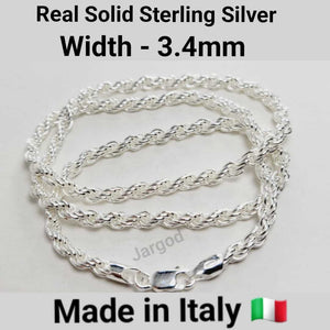 Real Solid 925 Sterling Silver Rope Chain Necklace 3.4mm Italy Jargod