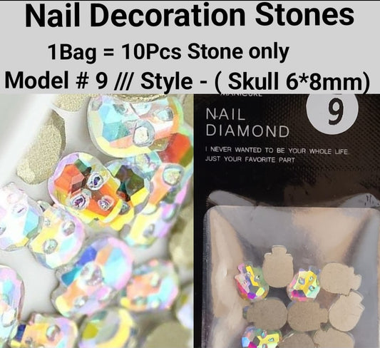 10pcs 3D Nail Art Rhinestones Flat Shaped Elongated Glass Colorful Stones Model 09 Style Skull 6*8mm  Jargod