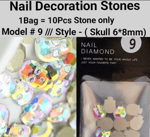 10pcs 3D Nail Art Rhinestones Flat Shaped Elongated Glass Colorful Stones Model 09 Style Skull 6*8mm  Jargod