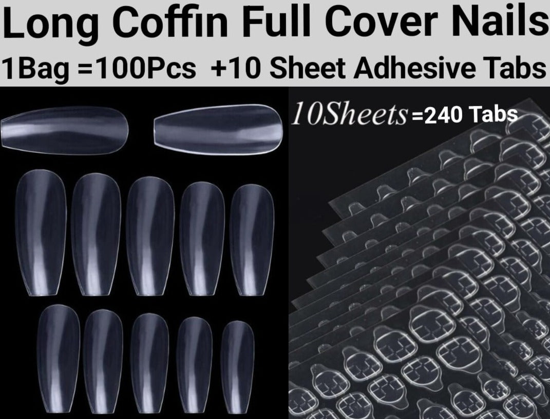 100pc Long Coffin Ballet Full Cover Fake Nails False Nails Artificial Nails Tips Press on nails plus 10 Sheet (240 Tabs) Nail Adhesive Jargod