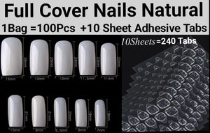 100pc Full Cover Nails Manicure Long Square False Finger Tips Fake Nails Press on nails plus 10 Sheet (240 Tabs) Nail Adhesive Jargod