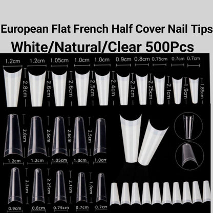 European Style Flat French Half cover Nail tips 500 pieces in a bag 