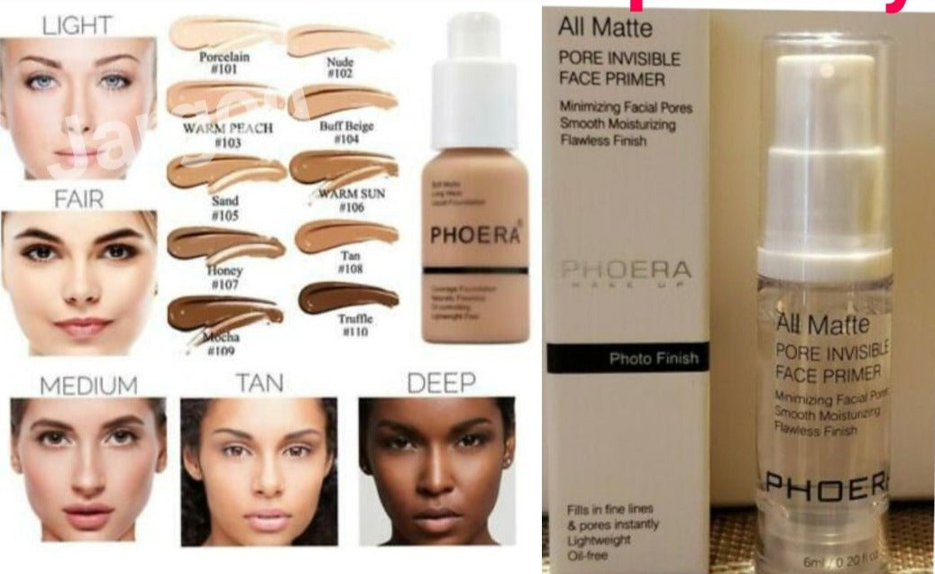 Phoera Foundation Makeup Full Coverage Foundation 30ml + Phoera Primer 6ml Bottle