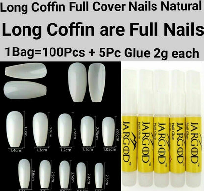 100Pc Long Ballerina/Long Coffin/Long Almond/Long Oval/Full Cover Square False Nail Tips Fake Nails False Nails Artificial Nails Tips Press on nails in Bag Jargod