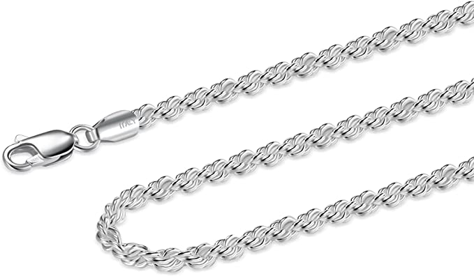 Jargod 1.4mm Solid link 925 Sterling Silver Rope Chain Diamond-Cut Braided Chain Necklace