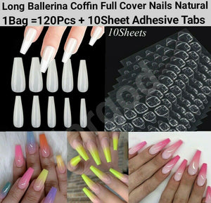 120pcs Long Ballerina Coffin Full Cover Fake Nails False Nail Artificial tips Press on nails plus 10 Sheet (240 Tabs) Nail Adhesive Jargod