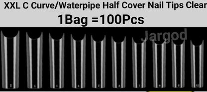 XXL C Curve  / Waterpipe / Half Tube Half Cover French Artificial False Nail Tips 100Pc in Bag CHOOSE Clear/ Natural Jargod