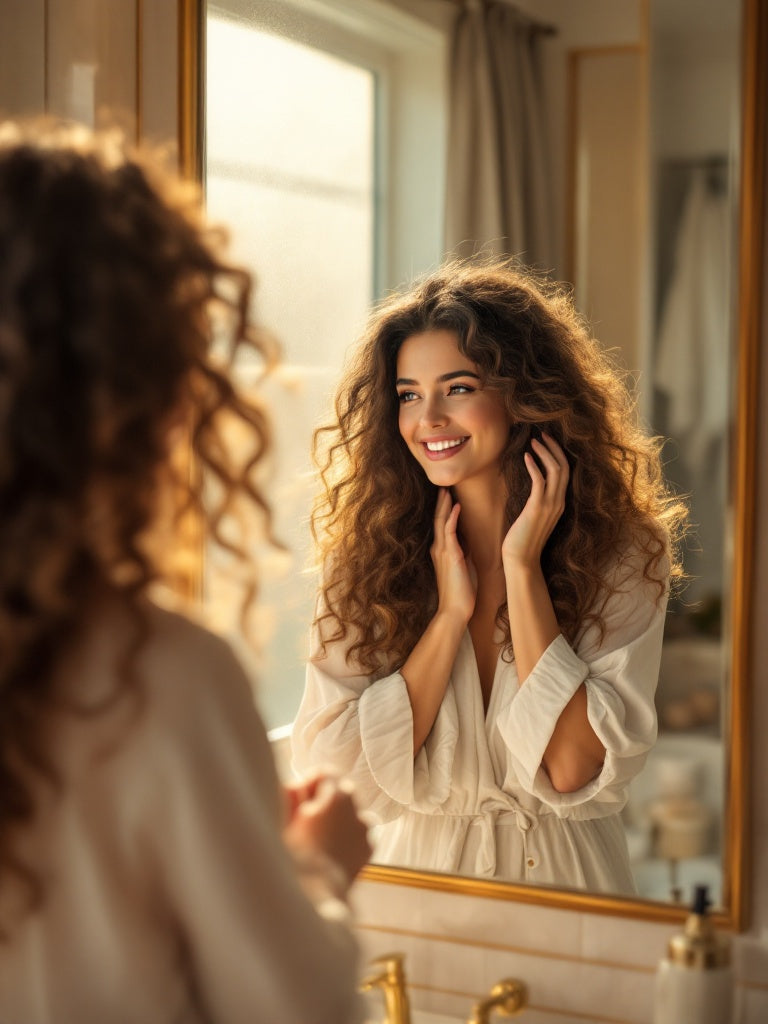 Woman with voluminous hair in warm light